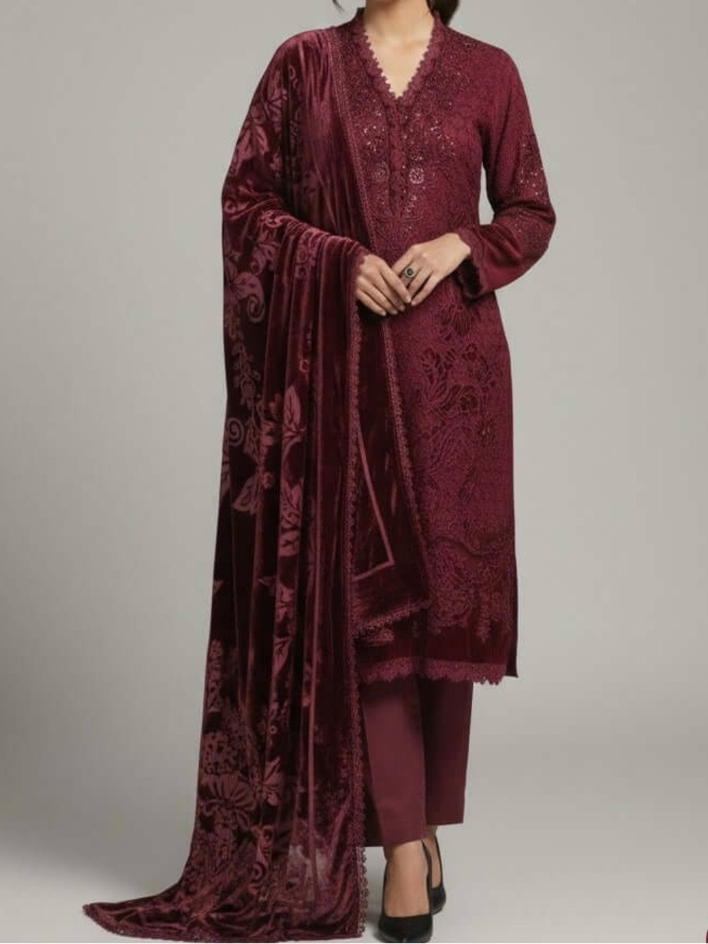 Elegant Women's 3-piece Maroon velvet Shalwar Kameez